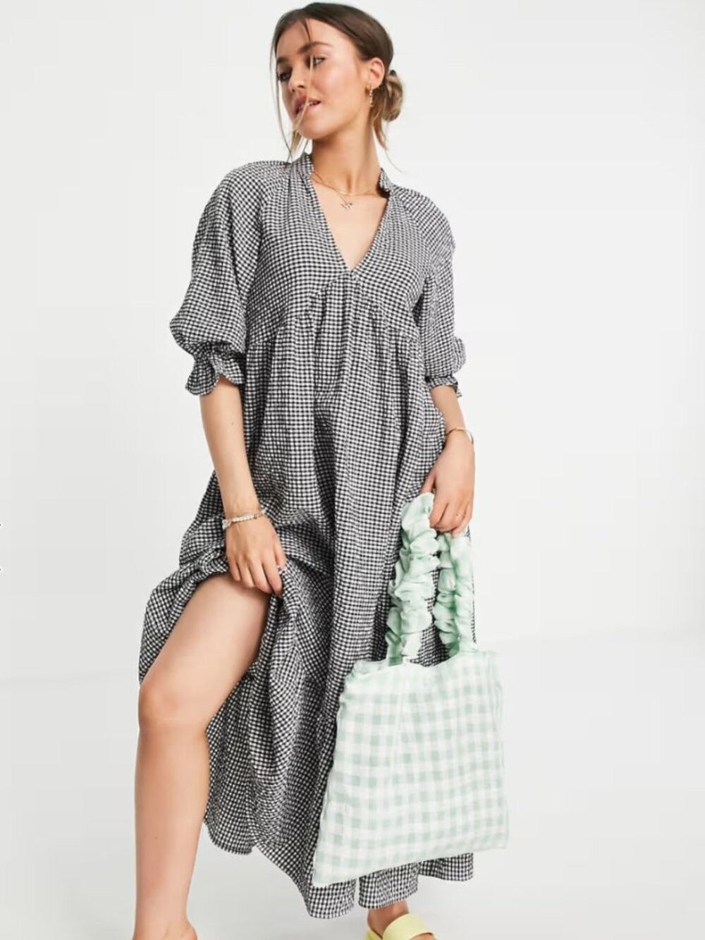 NWT - ASOS Design V-Neck Midi Smock Dress - Black/White Gingham - Size 2